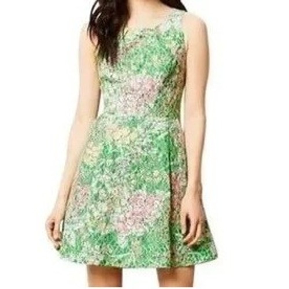 Anthropologie Maeve Verbana Green Floral Lace Dress Sequins Party Summer Size 8